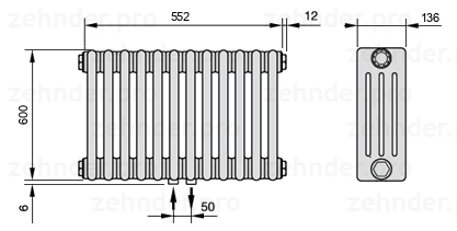 Схема (чертеж) Радиатор Zehnder Charleston 4060/12 №3470 Белый глянцевый RAL 9016